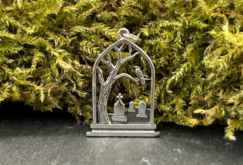 Sterling Silver Graveyard Charm, Raven Charm, Tombstone Charm, Spooky Charm, Halloween Charm, Halloween Jewelry, Graveyard Jewelry image 5