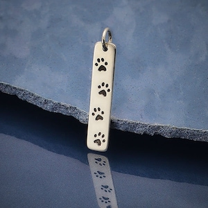 Sterling Silver Paw Print Tag Charm, Long Paw Charm, Paw Print Charm, Sterling Silver Rectangle Charm with 4 Paw Prints