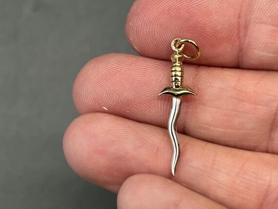 Sterling Silver Wavy Dagger Pendant With Bronze Handle, Dagger