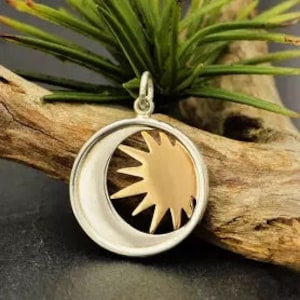 Sterling Silver Moon Charm with Bronze Sun, Sterling Silver Moon Charm in a Disk with Bronze Sun, Silver Moon and Sun, Celestial Charm