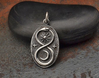 Silver Infinity Snake Pendant with Sun and Moon, Sun and Moon Charm, Snake Charm, Sterling Silver Snake Oval Disk, Reptile Charm