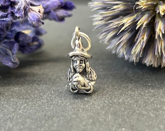 Witch with Crystal Ball Charm, Witch Charm, Halloween Charm, Sterling Silver Charm, Sterling Silver Pendant