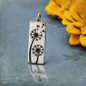 Sterling Silver Dandelion Pendant Long Rectangle, Dandelion Charm, Flower Charm, Dandelion Bar Pendant, Sterling Silver Dandelion Charm