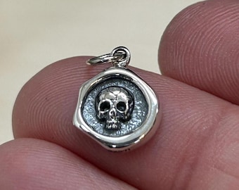 Sterling Silver Wax Seal Skull Charm, Small Skull Charm, Heart Pendant, Tiny Skull Charm, Sterling Silver Skull Charm