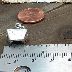 May include: Silver charm in the shape of a Chinese takeout container. The charm is about 1 inch tall and is sitting on a ruler. The charm has the word "Chinese" engraved on the side.