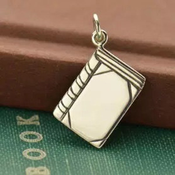 Book Charm, Book Pendant, Flat Book Charm, Book Lover Gift, Reader Charm, Librarian Charm, Sterling Silver Charm