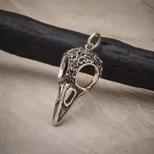 Sterling Silver Raven Skull Charm with Scroll Carving, Raven Charm, Raven Pendant, Sparrow Skull Charm, Bird Skull Charm