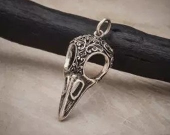 Sterling Silver Raven Skull Charm with Scroll Carving, Raven Charm, Raven Pendant, Sparrow Skull Charm, Bird Skull Charm