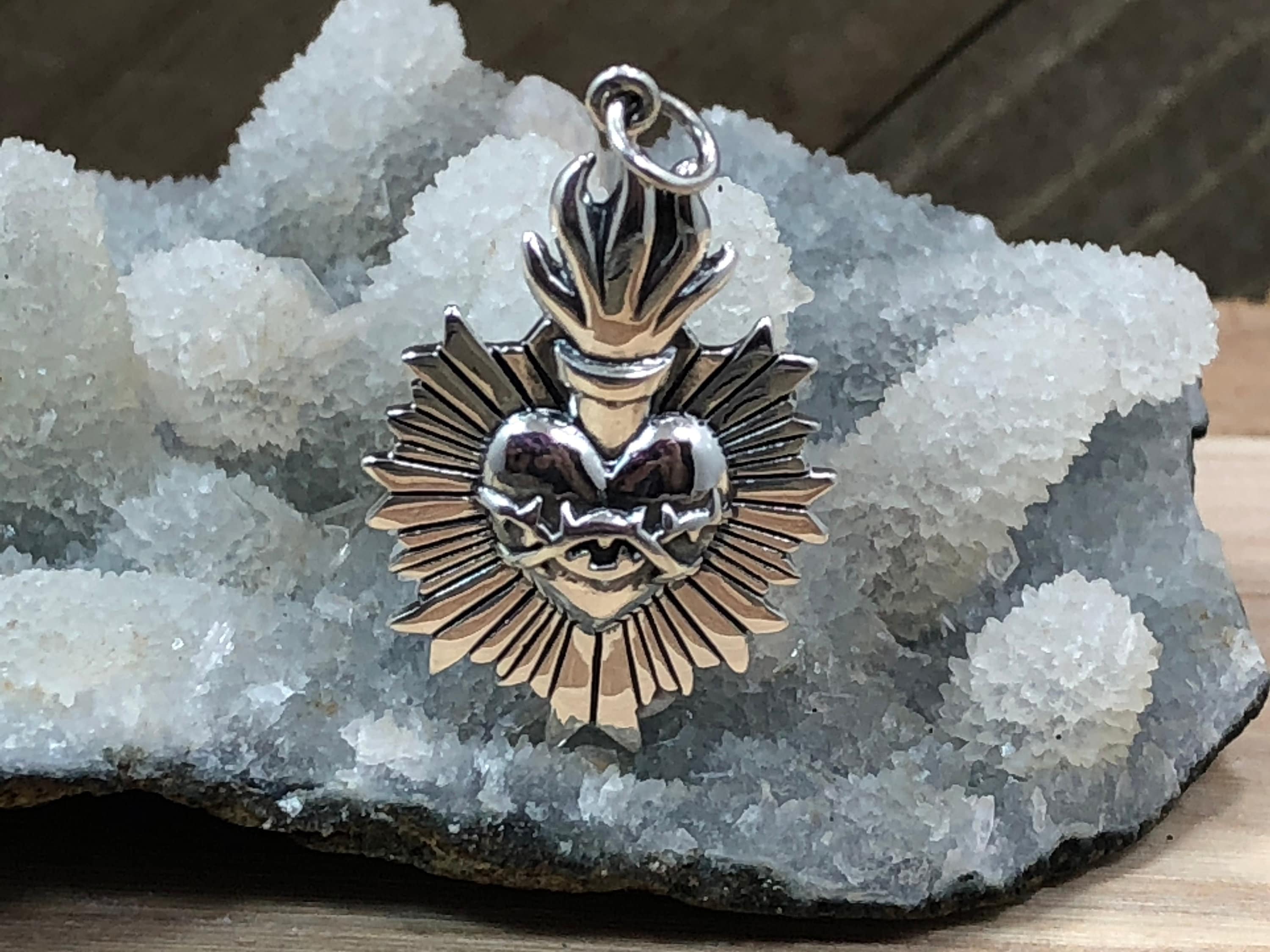 Sterling Silver Flaming Sacred Heart Pendant With Thorns, Sacred