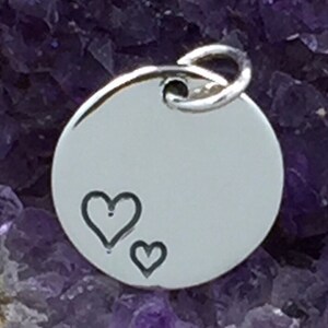 Heart Charm, Heart Pendant, Disc with Etched Little and Big Hearts, Sterling Silver Heart Charm, PS01398