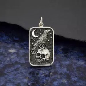 Sterling Silver Skull Pendant with Raven, Sterling Silver Raven Skull Charm, Raven Charm, Raven Pendant, Sparrow Skull Charm