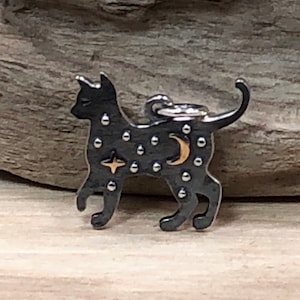 Sterling Silver Cat Charm with Bronze Star and Moon, Silhouette Cat Charm, Cat Charm, Animal Lover Charm, Animal Charm, Black Cat Charm