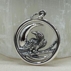 Raven and Moon Charm, Raven Pendant, Bird Charm, Flying Bird Charm, Bird Pendant, Sterling Silver Charm, Sterling Silver Pendant