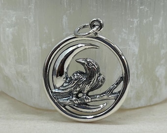 Raven and Moon Charm, Raven Pendant, Bird Charm, Flying Bird Charm, Bird Pendant, Sterling Silver Charm, Sterling Silver Pendant