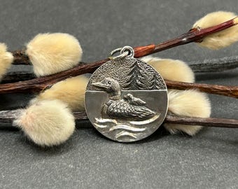 Sterling Silver Loon with Baby Pendant, Loon Charm, Loon Pendant, Duck Charm, Mallard Charm, Bird Charm, Sterling Silver Charm