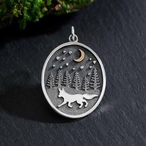 Mixed Metal Running Fox in Meadow Charm, Fox Charm, Silver Fox Charm with Bronze Star and Moon, Sterling Silver Charm, Celestial Fox Charm