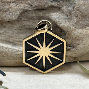 Bronze Sun in Hexagon Shadow Box Pendant, Sun Charm, Sun Pendant, Celestial Charm, Natural Bronze Necklace Charm