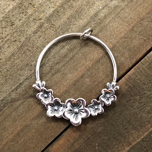 Sterling Silver Circle Pendant with Cherry Blossoms, Cherry Blossom Charm, Flower Charm, Sterling Silver Charm, Flower Pendant