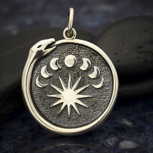 Sterling Silver Ouroboros Charm with Moon Phases, Phases of the Moon Charm, Snake Charm