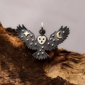 Sterling Silver Owl Charm with Bronze Star and Moon, Owl Charm, Owl Pendant, Sterling Silver Owl Charm, Sterling Silver Charms, Night Owl