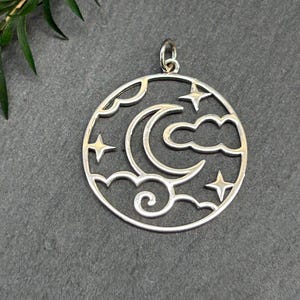 Sterling Silver Openwork Night Sky Pendant, Moon Charm, Celestial Charm, Sky Charm, Cloud Charm