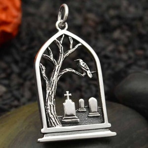 Sterling Silver Graveyard Charm, Raven Charm, Tombstone Charm, Spooky Charm, Halloween Charm, Halloween Jewelry, Graveyard Jewelry