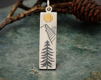 Mountain Range Charm, Sterling Silver Pine Tree Charm with Bronze Sun, Mountain Charm, Nature Charm, Outdoors Charm