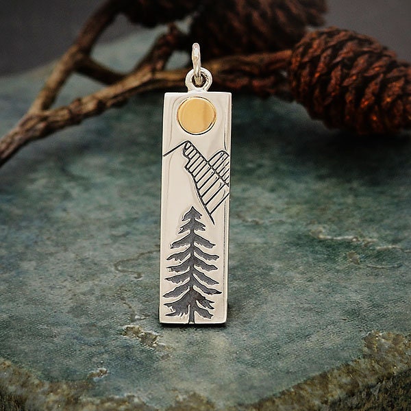 Mountain Range Charm, Sterling Silver Pine Tree Charm with Bronze Sun, Mountain Charm, Nature Charm, Outdoors Charm