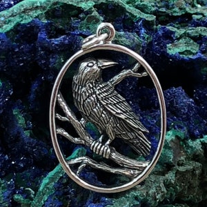 Sterling Silver Raven Charm, Sterling Silver Raven Pendant in Oval Frame, Raven Pendant, Bird Charm, Bird Pendant, Sterling Silver Charm