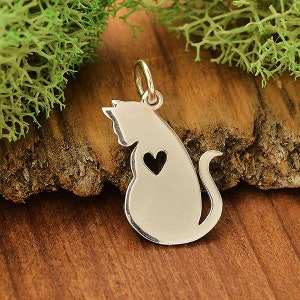 Sterling Silver Mommy Cat Charm with Heart Cutout, Cat Silhouette Charm, Cat Charm with Heart, Sterling Silver Cat Charm, Animal Lover Charm