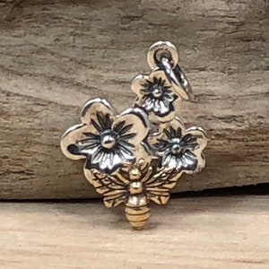 Silver Triple Cherry Blossom Charm with Bronze Bee, Cherry Blossom Charm, Bee Charm, Flower Charm, Sterling Silver Charm, Flower Pendant