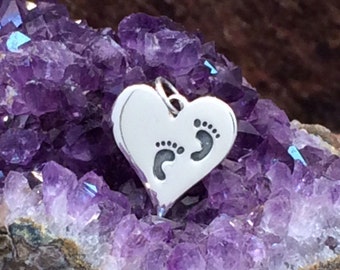 Footprint Charm, Baby Feet Charm, Baby Feet on Heart Charm, Sterling Silver Baby Feet Charm, Baby Feet Pendant, New Baby Charm