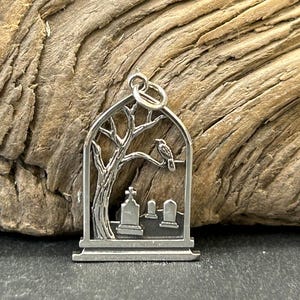 Sterling Silver Graveyard Charm, Raven Charm, Tombstone Charm, Spooky Charm, Halloween Charm, Halloween Jewelry, Graveyard Jewelry image 6