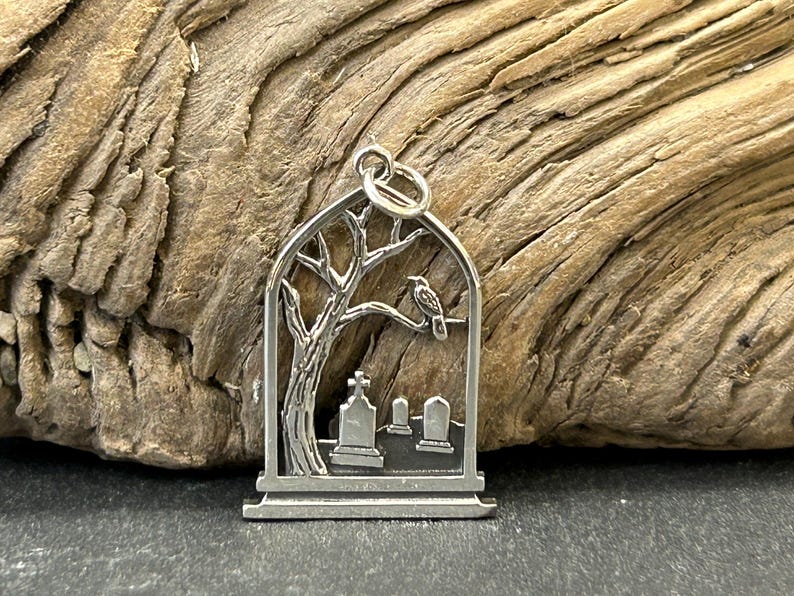 Sterling Silver Graveyard Charm, Raven Charm, Tombstone Charm, Spooky Charm, Halloween Charm, Halloween Jewelry, Graveyard Jewelry image 6