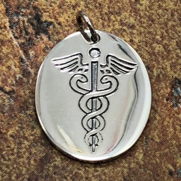 Sterling Silver Medic Staff Charm Etched Oval Disk, Caduceus Charm, Caduceus Pedant, Medical Charm, Doctor Charm