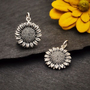 Sunflower Charm, Sunflower Pendant, Sun Flower Charm, Flower Charm, Garden Charm, Outdoor Charm, Sterling Silver Charms