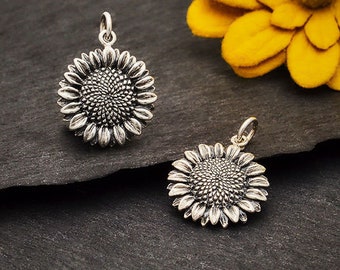 Sunflower Charm, Sunflower Pendant, Sun Flower Charm, Flower Charm, Garden Charm, Outdoor Charm, Sterling Silver Charms