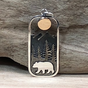 Bear Charm, Bear Charm with Mountains and Bronze Moon, Sterling Silver Charm, Realistic Bear Charm, California Charm, Flat Bear Charm