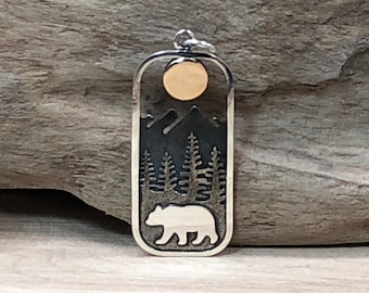 Bear Charm, Bear Charm with Mountains and Bronze Moon, Sterling Silver Charm, Realistic Bear Charm, California Charm, Flat Bear Charm