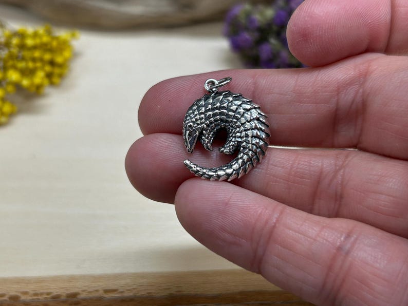 May include: A detailed silver pangolin pendant. The pendant is in the shape of a curled pangolin, with textured scales covering its body. It has a small loop at the top for a chain. The pendant is a unique piece of jewelry.