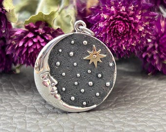 Silver Crescent Moon Face Pendant with Bronze Star, Crescent Moon Charm, Sterling Silver Moon Charm, Moon Face Charm