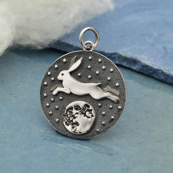 Sterling Silver Rabbit Over the Moon Pendant, Sterling Silver Rabbit Charm, Winter Charm, Snow Charm, Moon Charm, Rabbit Jewelry