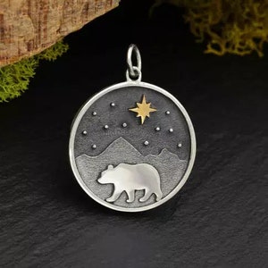 Silver Bear and Mountain Pendant with Bronze Star, Bear Charm, Sterling Silver Charm, Realistic Bear Charm, Flat Bear Charm