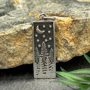 Sterling Silver Rectangle Pine Tree Charm with Moon, Sterling Silver Pine Tree Charm with Moon, Camping Charm, Forest Charm, Outdoors Charm