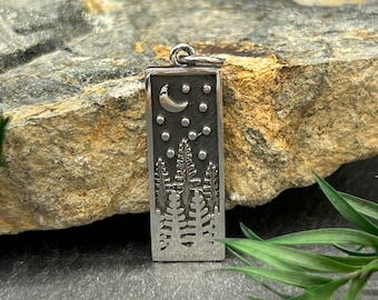 Sterling Silver Rectangle Pine Tree Charm with Moon, Sterling Silver Pine Tree Charm with Moon, Camping Charm, Forest Charm, Outdoors Charm