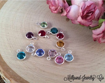 Birthstone Charms, Connector Charms, Bezel Set Birthstone Charms, Crystal Birthstones, Silver Plated, 60 Piece Set, 5 of Each Month