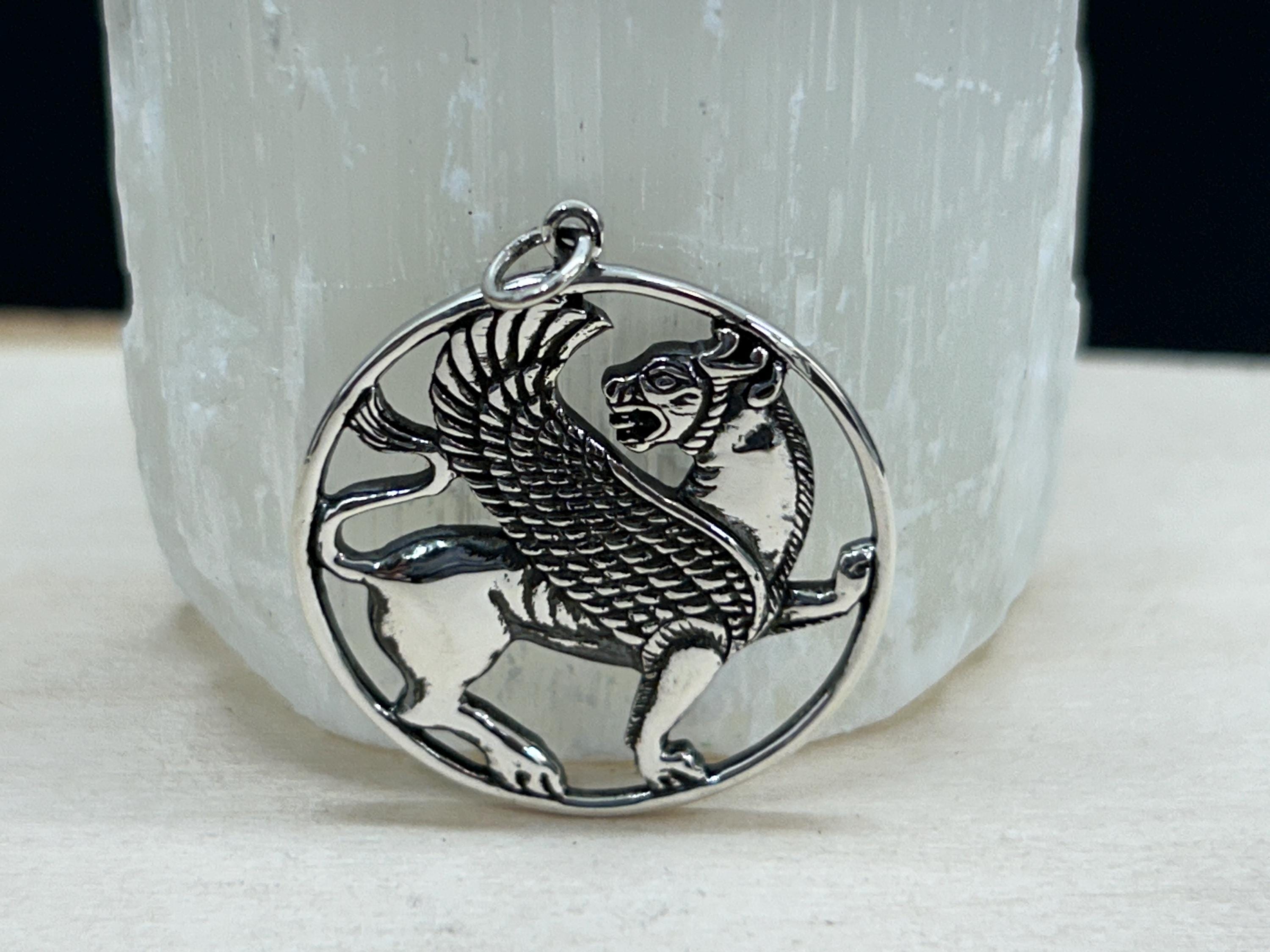 Sterling Silver Ancient Persian Winged Lion Pendant, Winged