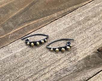 Ear Wires, Sterling Silver Ear Wires, Earring Components, Mixed Metal Marquis Ear Wires with Bronze Granulation, Jewelry Findings, 1 Pair