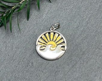 Wave Pendant with Bronze Setting Sun, Waves Charm, Ocean Charm, Beach Charm, Sea Life Charm, Ocean Pendant, Sterling Silver, Outdoor Charm