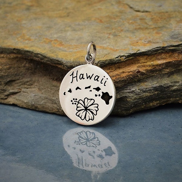 Hawaii Charm, Hawaii Pendant, Hawaiian Islands State Charm, Sterling Silver Hawaii Charm on a Disk, Maui Charm, Oahu Charm, Kauai Charm